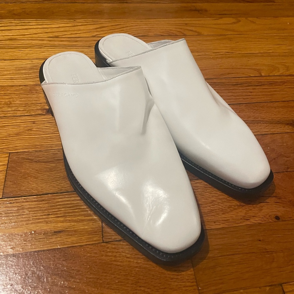 White Leather Slip-On Mule Shoes for Men